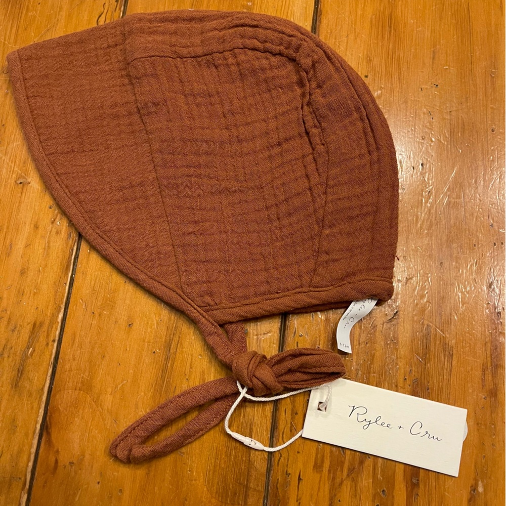 Rylee + Cru brimmed bonnet in Terracotta. Size 6-12M